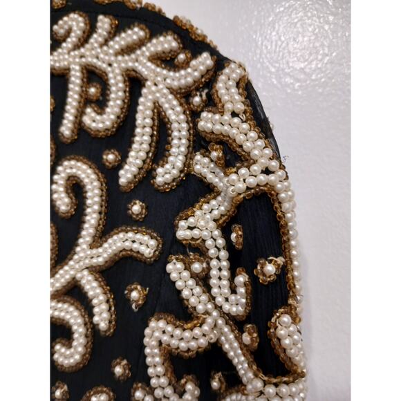 Vintage SILK Jacket Black White Pearls Sz SP Formal Holiday Party Glam Cropped - Picture 7 of 16